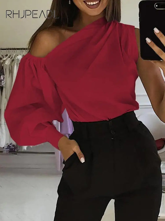 Elegant Blouses Women 2023 Summer Off Shoulder Blusas Female Fashion Lantern Long Sleeve Shirts One Shoulder Tops S-5XL